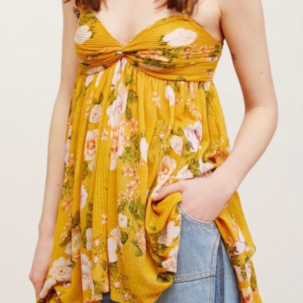 Free People Floral Print Yellow Draped High Low Sleeveless Boho Babydoll Top - Picture 12 of 14